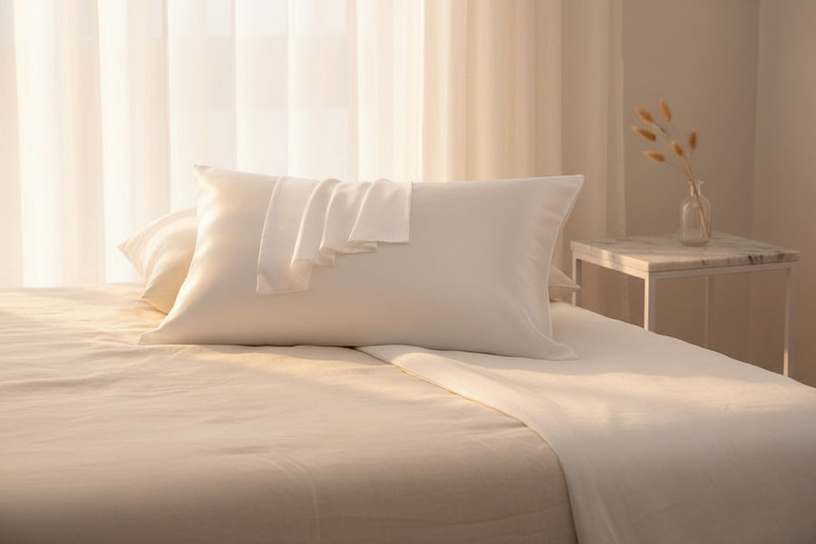 Slate blue mulberry silk pillowcases on a bed with cream linen, marble side table and eucalyptus
