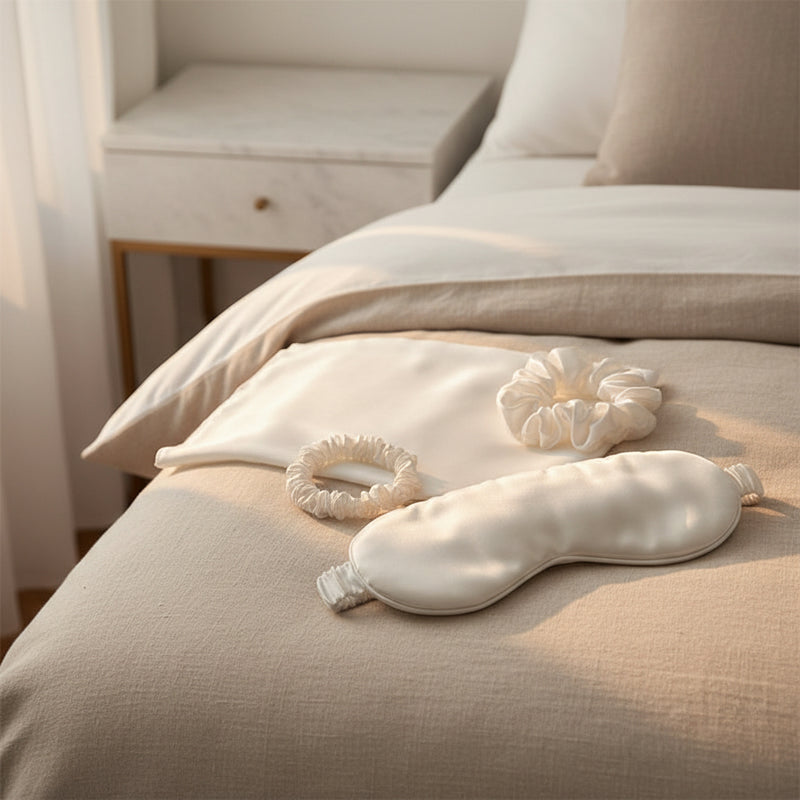 Customer photo of the Sericé silk sleep set on a bed