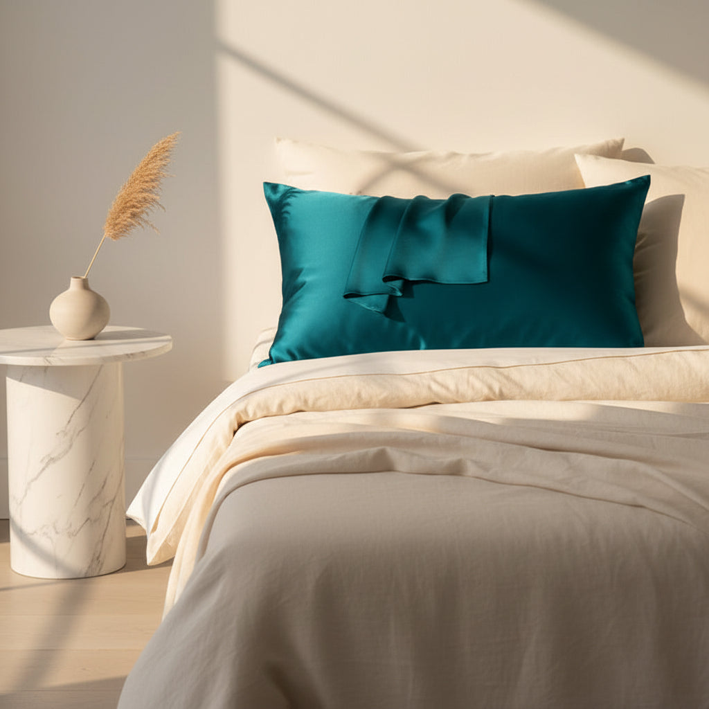 Customer photo of the Sericé silk pillowcase on a bed