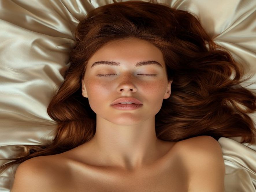 The same woman with smooth, glossy hair after sleeping on Sericé silk