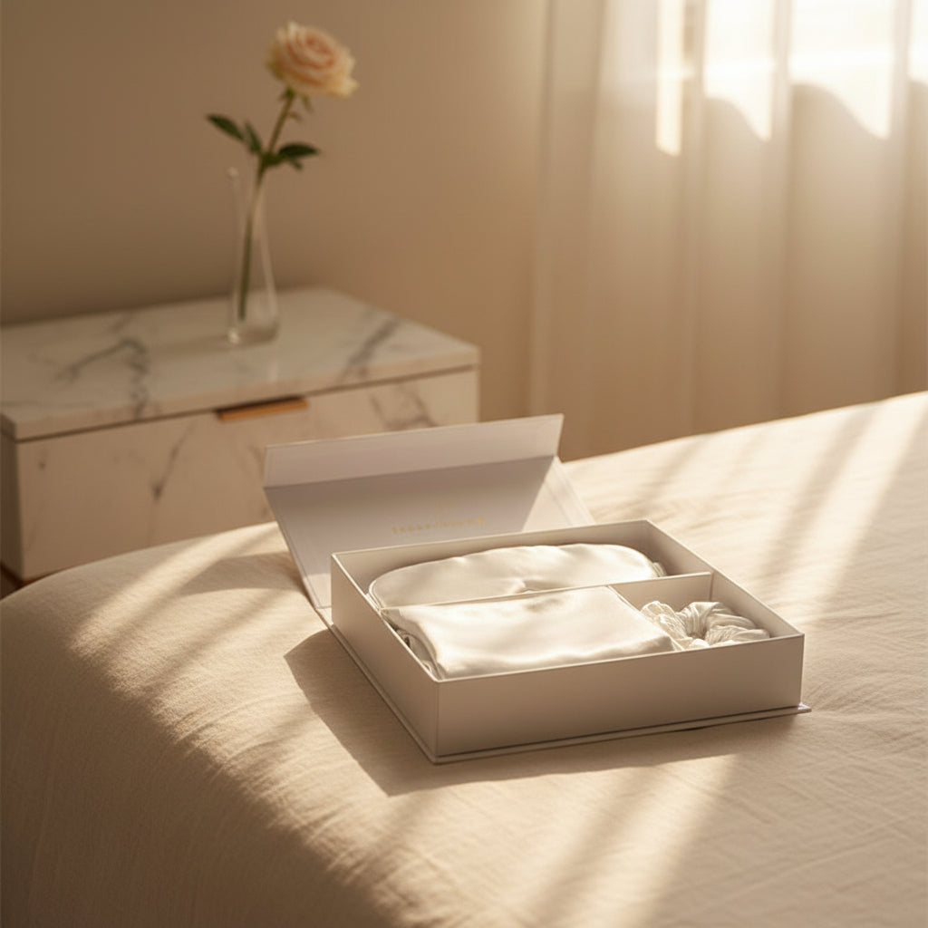 Customer photo of the Sericé silk sleep set on a bed